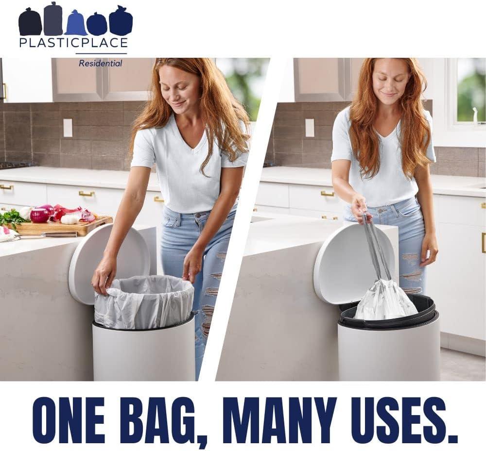 Plasticplace 13 Gallon Extra Tall Drawstring Kitchen Bags, 200 Count, White