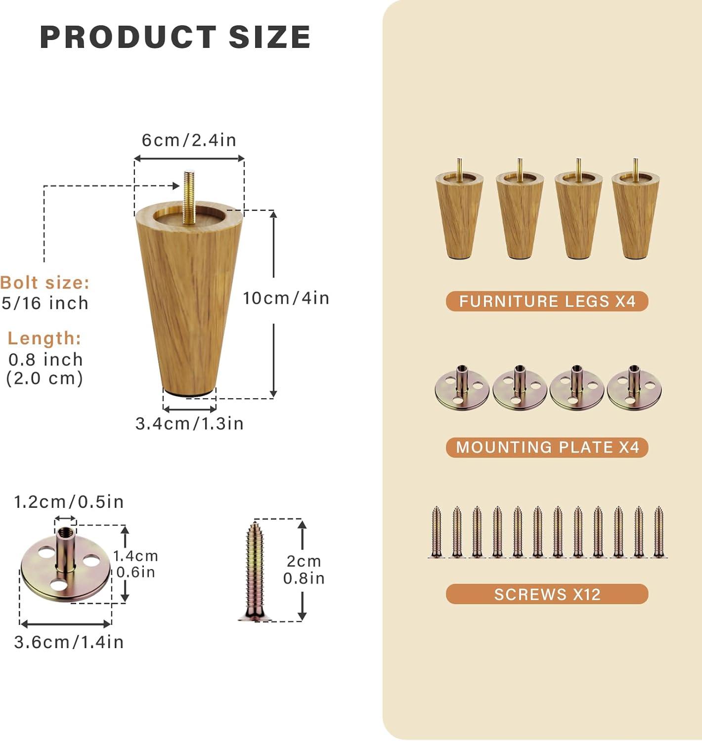 GOSCHE 4 Inch Round Solid Wood Furniture Feet, Wooden Sofa Legs Set of 4, Chair Legs, Replacement Couch Legs for Armchair, Cabinet, Mid Century Modern Dresser Or Home DIY Projects Bun Feet