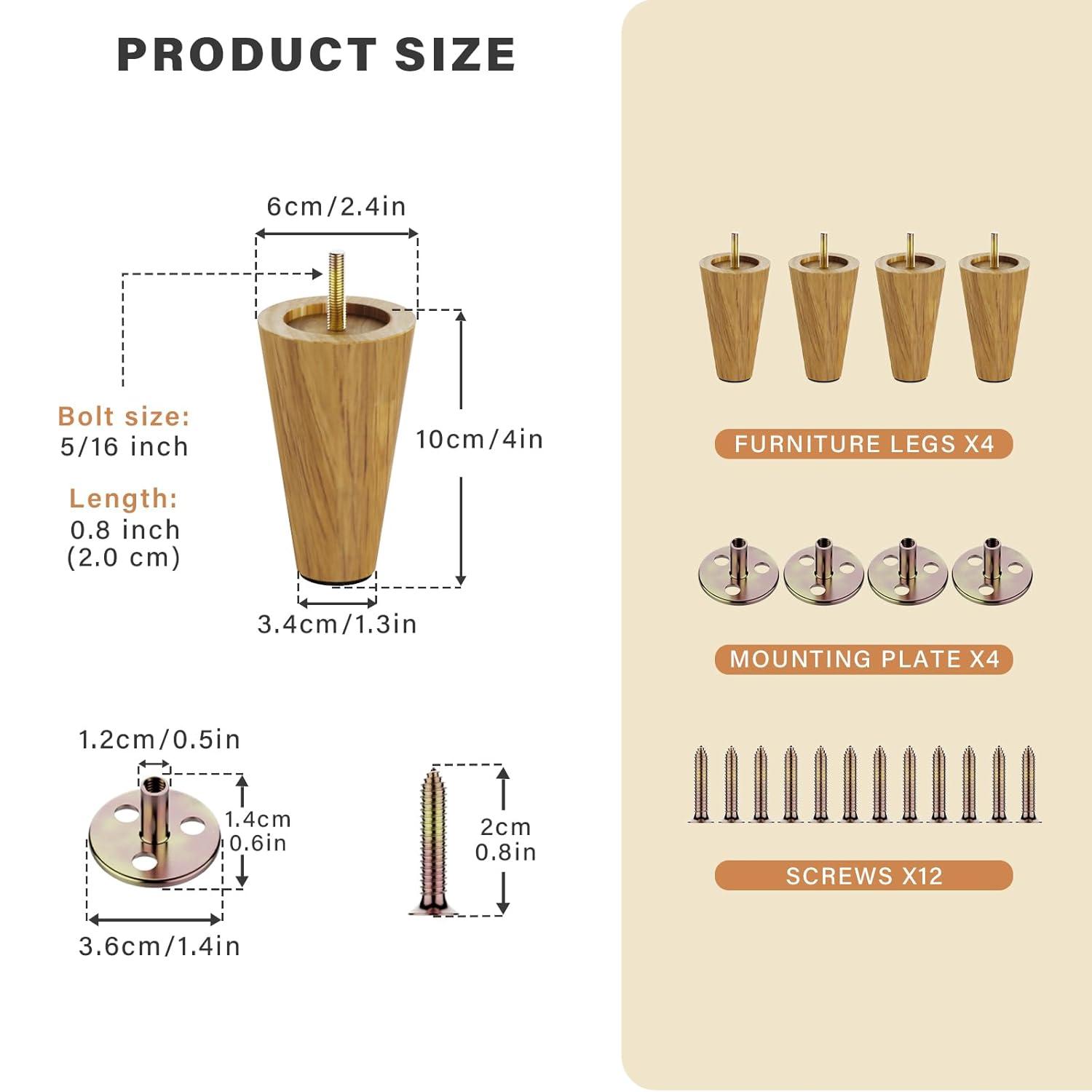 GOSCHE 4 Inch Round Solid Wood Furniture Feet, Wooden Sofa Legs Set of 4, Chair Legs, Replacement Couch Legs for Armchair, Cabinet, Mid Century Modern Dresser Or Home DIY Projects Bun Feet