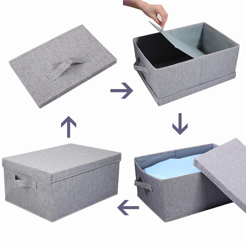 HOONEX Linen Foldable Storage Bins with Lids, 2 Pack, Storage Boxes with Carrying Handles and Sturdy Heavy Cardboard, 16.5" L x 11.8" W x 7.5" H for Shoes, Books, Clothes, Light Grey