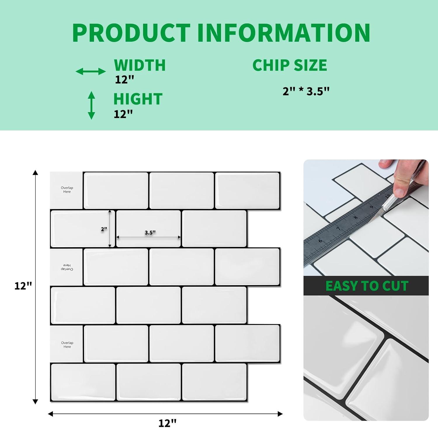 Art3d Peel and Stick Backsplash Tile, 10-Sheet Stick on Subway Tiles for Kitchem, Bathroom Back Splashes, 12"x12", Warm White with Black Grout