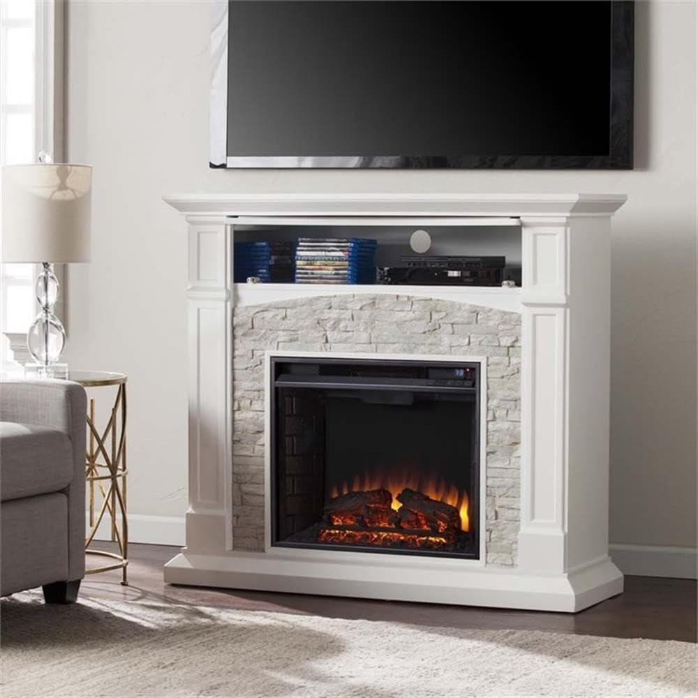 Crisp White Faux Stone Electric Fireplace TV Stand