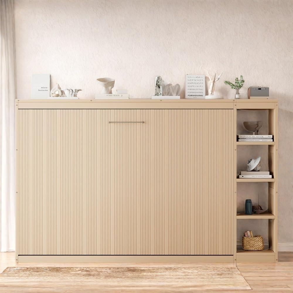 SOFTSEA Modern Murphy Bed Cabinet Bed with Bookshelf, Full Size Foldable Platform Bed Frame with Storage Racks, for Home Guest Room Small Room, Natural
