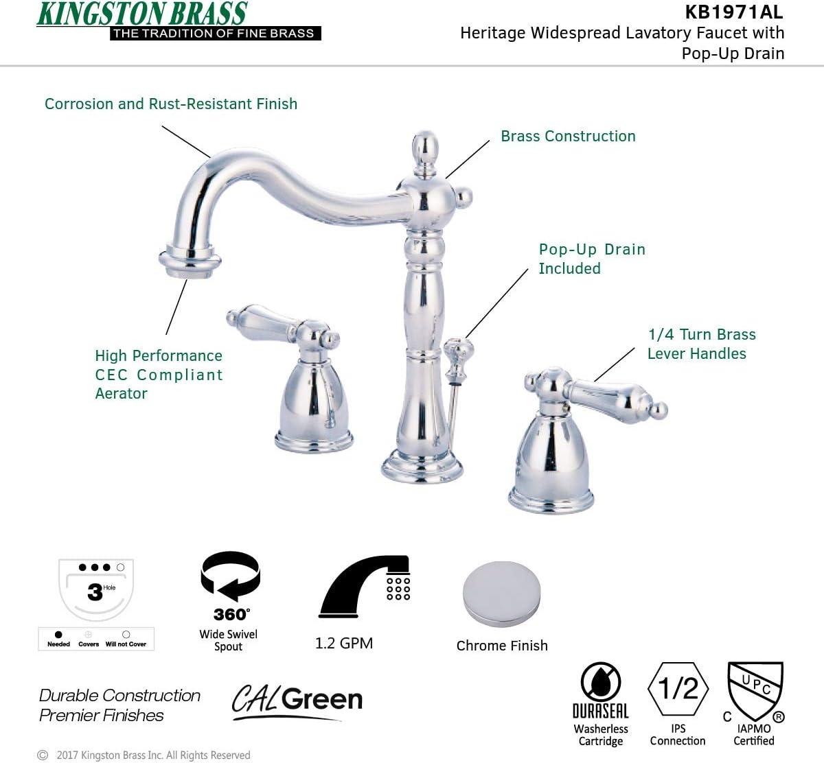 Kingston Brass Heritage Two-Handle 3-Hole Deck Mount Widespread Bathroom Faucet with Pop-Up Drain