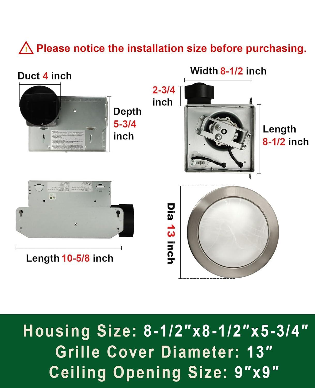 Akicon  Ultra Quiet Bathroom Exhaust Fan with LED Light 80CFM 2.0 Sones Round Bathroom Ventilation Fan with Frosted Glass Cover Brushed Nickel
