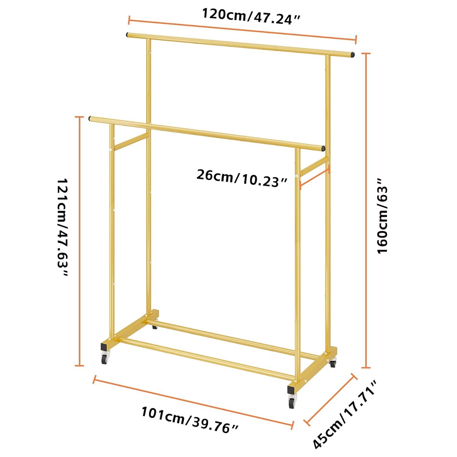 Calmootey Double Rod Clothing Garment Rack,Rolling Hanging Clothes Rack,Portable Clothes Organizer for Bedroom,Living Room,Clothing Store,Gold