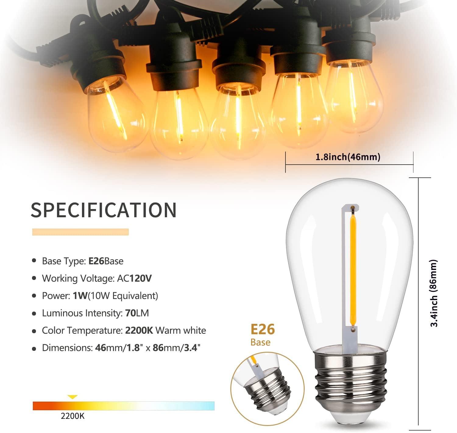 Svater Replacement Bulbs for Outdoor String Lights, 15 Pack S14 LED Bulbs for Patio, E26 Base 1W Bulb Equal to 11W Incandescent, Dimmable,Shatterproof 2700K Warm White