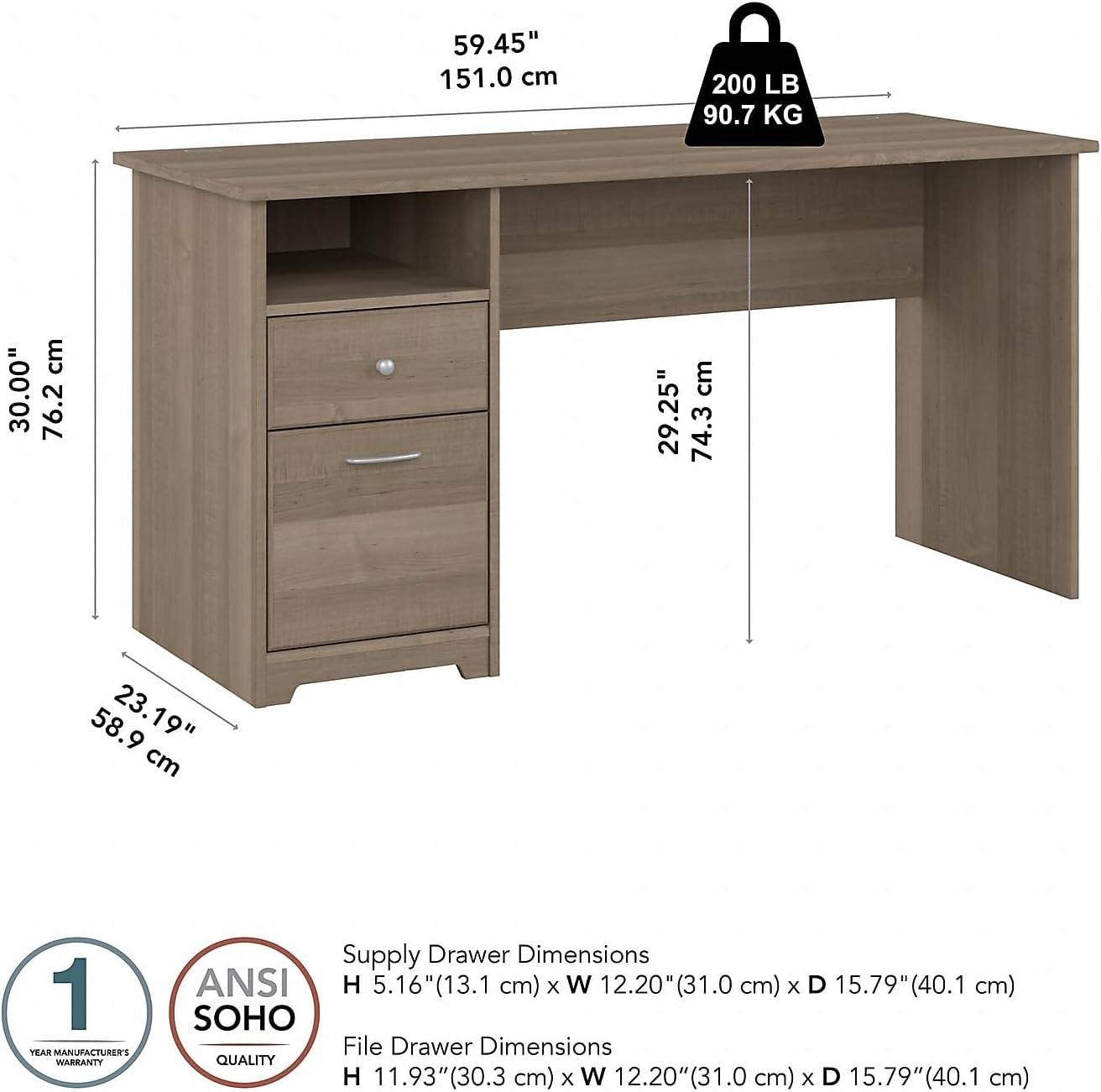 Cabot 60W Computer Desk with Drawers in Ash Gray - Engineered Wood