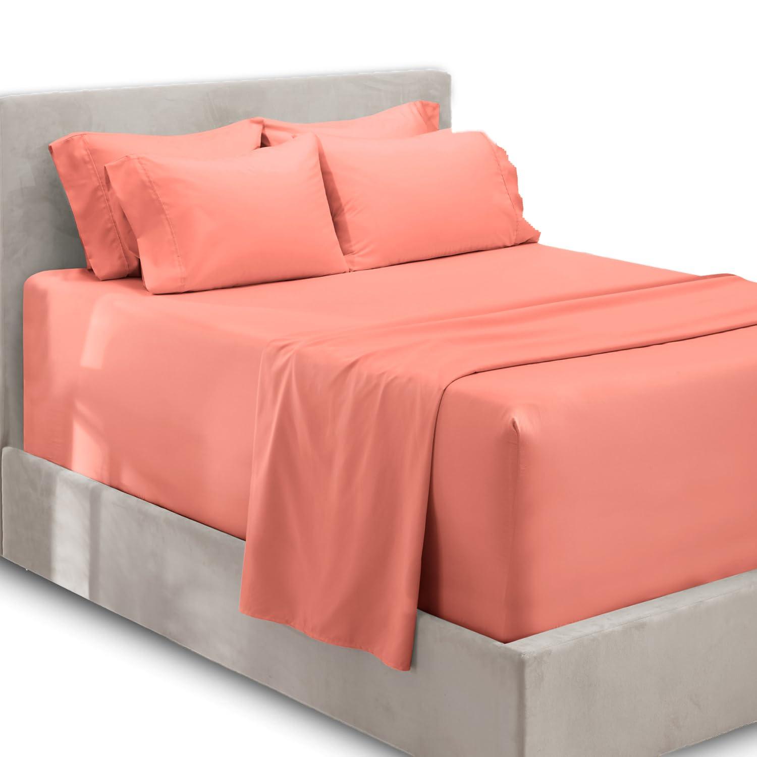 Extra Deep Pocket 6 Piece Bed Sheet Set – Super Deep Fitted Sheet Fits Mattress from 18-24 inces Depth – Double Brushed Microfiber Sheets with 4 Pillow Cases, Queen, Misty Rose