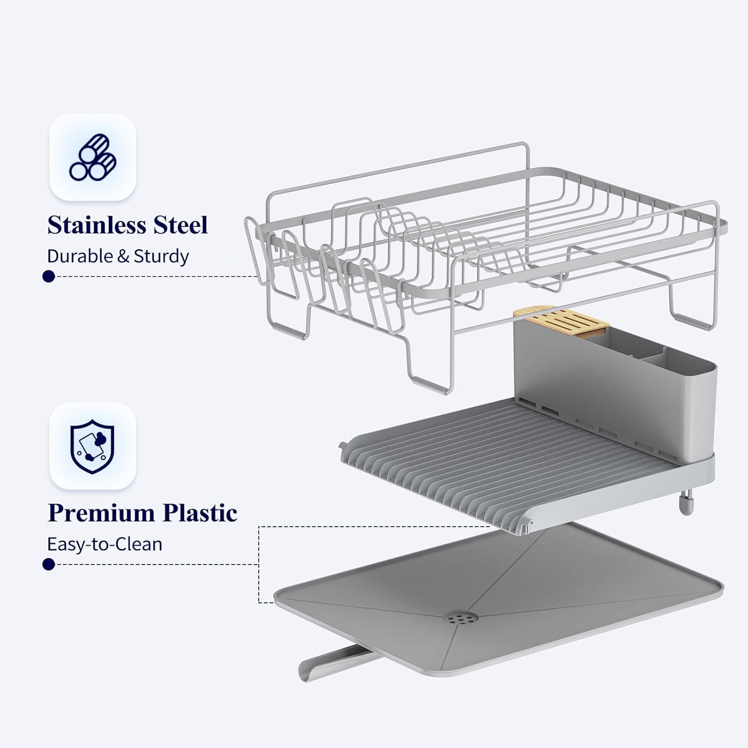 Kitsure Large Dish Drying Rack - Extendable Dish Rack, Multifunctional Dish Rack for Kitchen Counter, Anti-Rust Dish Drainers with Cutlery & Cup Holders 19.2"-26.7" L x 12.9" W, Grey