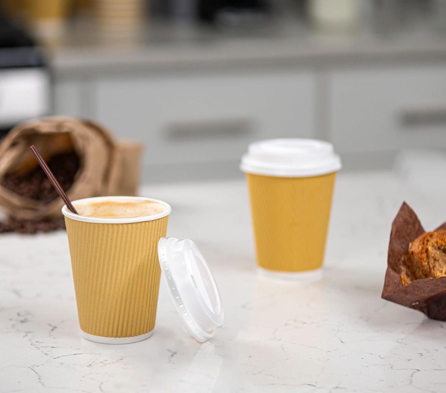 GUSTO Disposable Coffee Cups with Lids 12 Oz Insulated Paper Cups, 100-Pack