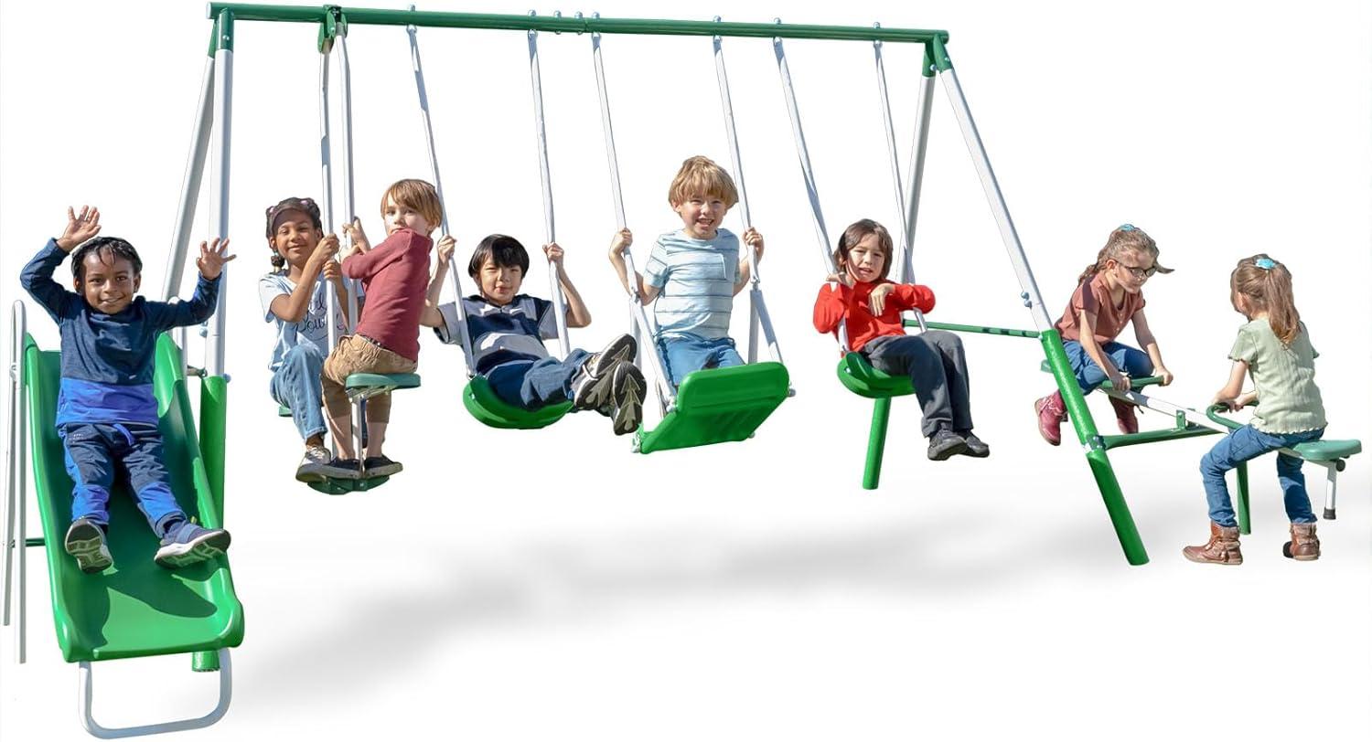 Sportspower Sportspower Park Ridge Metal Swing Set With 2 Swings, Standing Swing, 2 Person Roman Glider Swing, Teeter Totter And 5' Slide, Bonus Anchor Kit Included