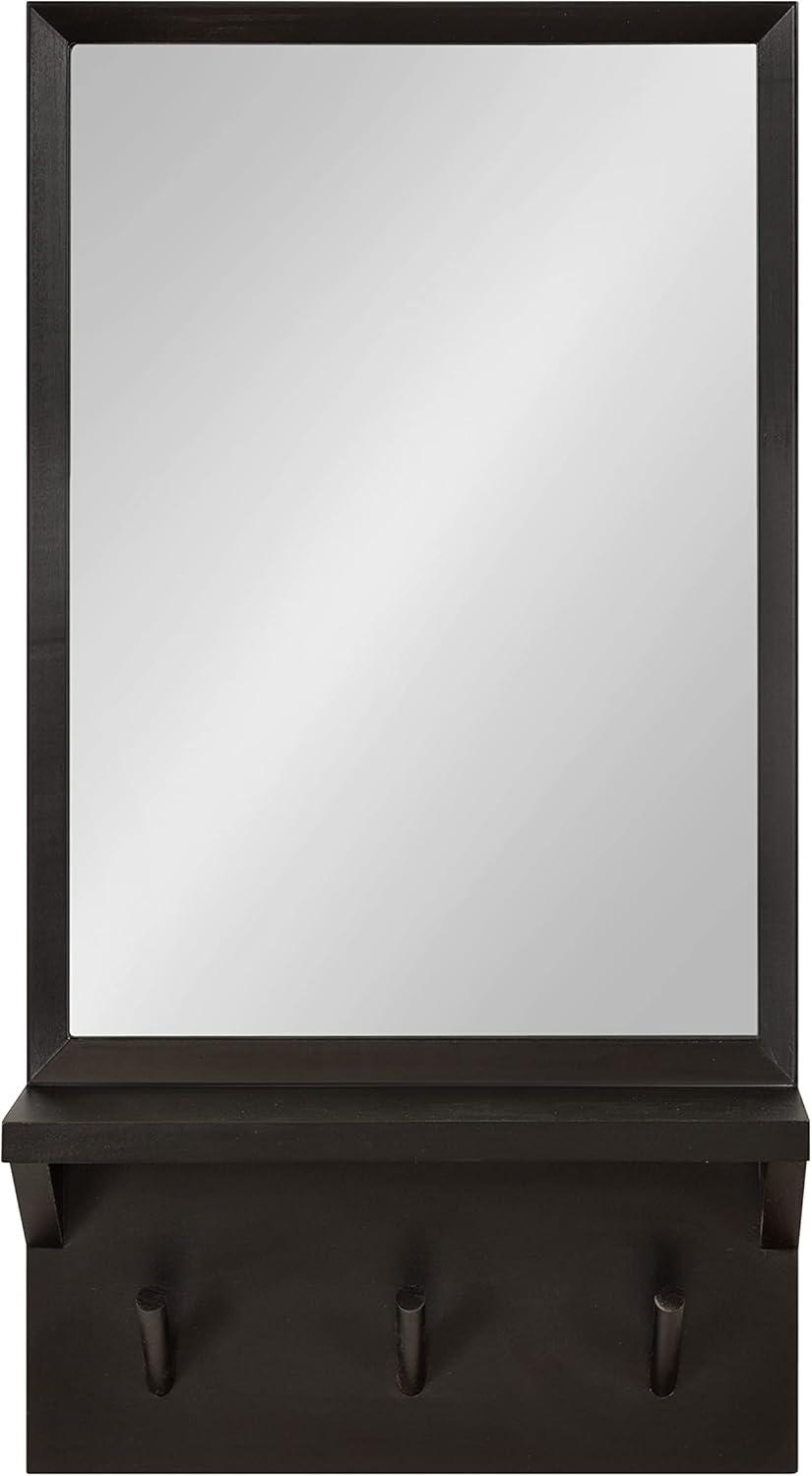 Black Rectangular Wood Wall Mirror with Pegs and Ledge