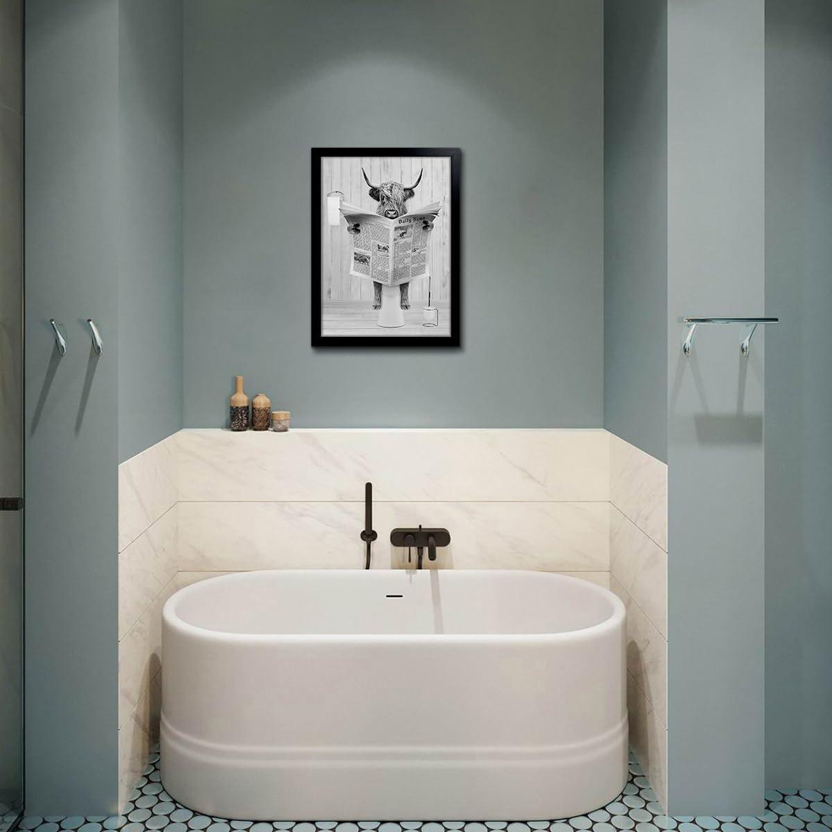 Modern Black Framed Highland Cow Wall Art Minimalist Bathroom Wall Decor Cute Funny Animals Artwork Canvas Prints Ready to Hang for Guest Bathroom, Hotel, Condo, Kids Bathroom, 12”x16”