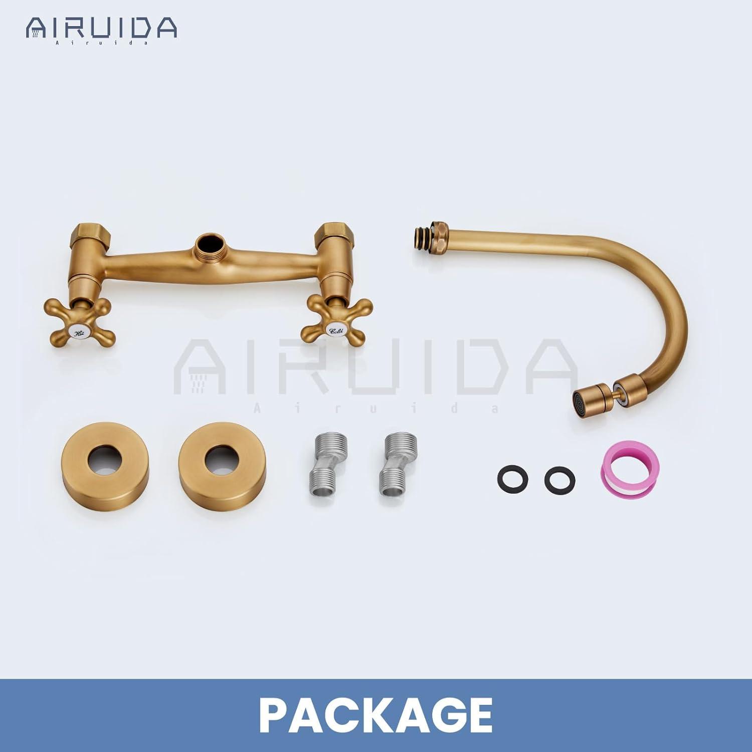 Airuida Wall Mount Kitchen Faucet with Sprayer Wall Mounted Kitchen Sink Faucet Double Cross Handles 360 Degree Swivel Spout Restaurant Mixer Tap Commercial 8 Inch Center Antique Brass