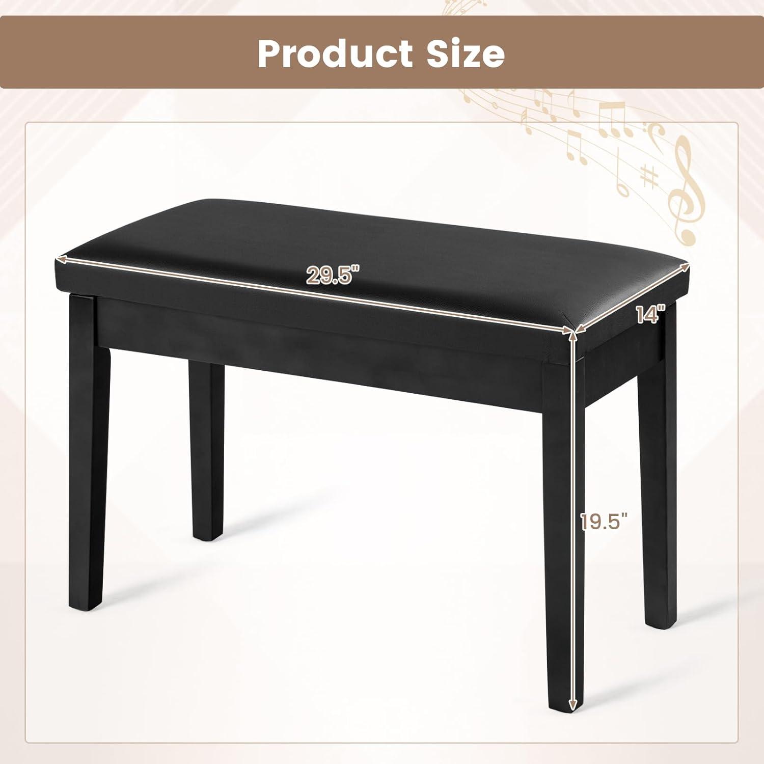 Tangkula PU Leather Piano Bench Solid Wood Padded Double Duet Keyboard Seat w/ Storage Box Black