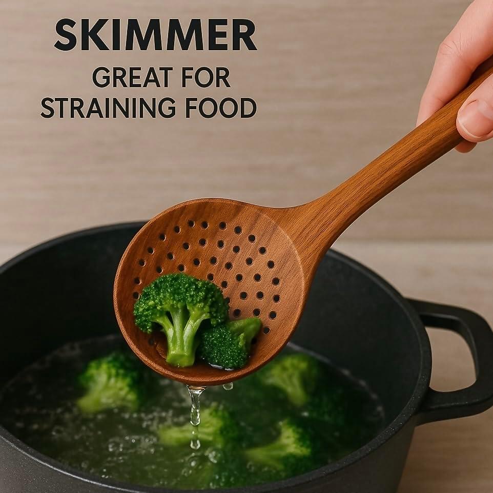 Zulay 9-Piece Teak Wooden Utensils For Cooking, Smooth Finish Kitchen Utensils Set with Gift Box