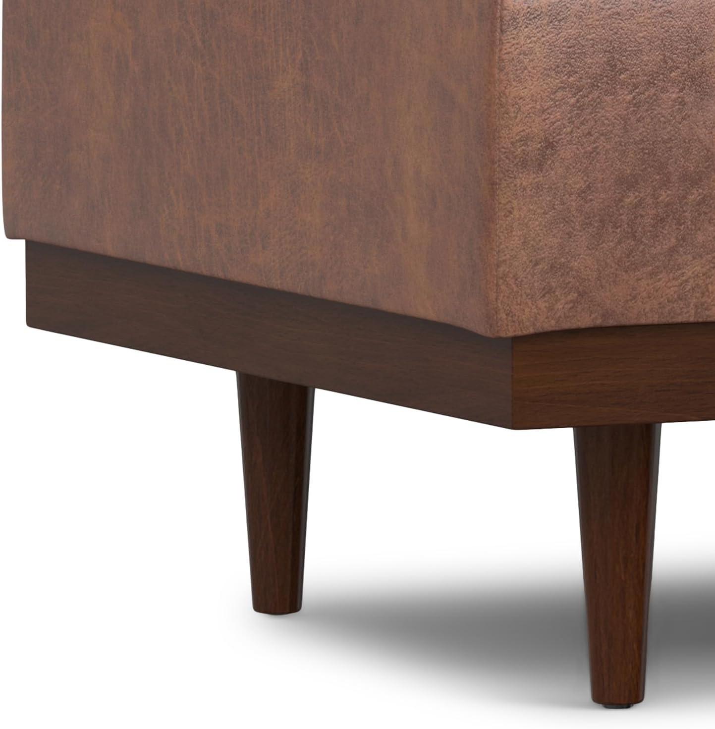 Simpli Home Mariah 34 inch Wide Contemporary Rectangle Coffee Table Storage Ottoman in Distressed Saddle Brown Vegan Faux Leather