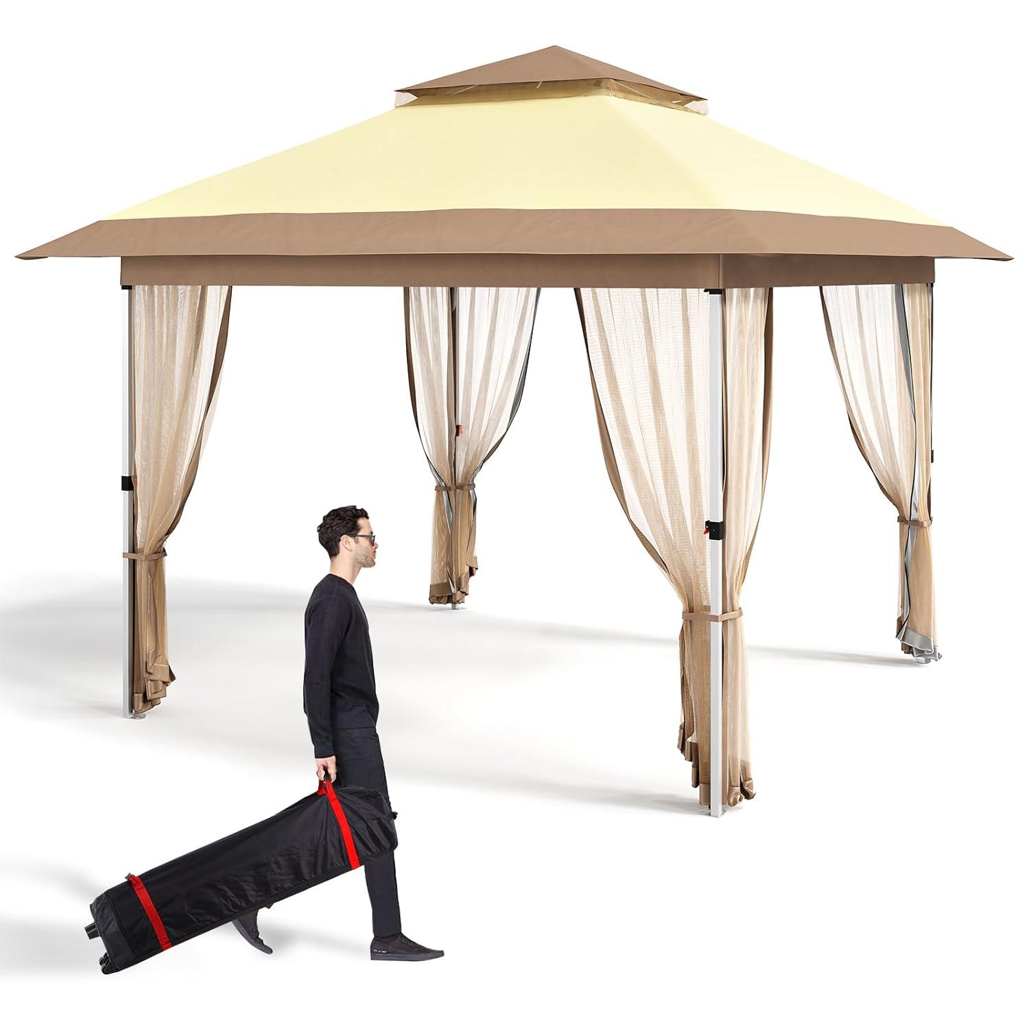 11'x11' Gazebo Outdoor Pop up Canopy Tent with Curtains and 121 Square Shelter for Patio,Backyard Party, with Mosquito Netting, 2-Tiered Vented Top,Beige