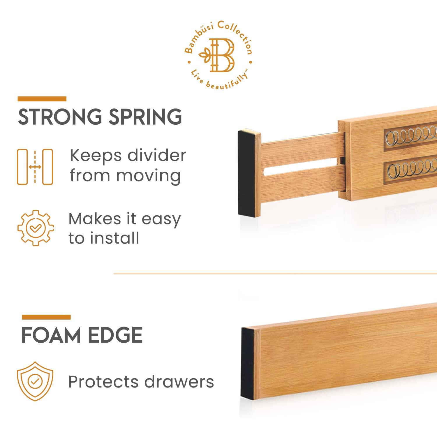 Drawer Dividers 4 Pack - Adjustable Bamboo Organizers 12.2" to 17.3", 2.6" Tall Expandable Separators for Kitchen, Dresser, Bedroom, Office or Bathroom Drawers