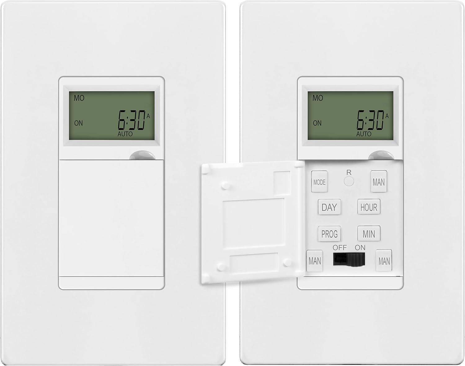 ENERLITES Programmable Digital Timer Switch for Lights, Fans, Motors, 7-Day 18 ON/OFF Timer Settings, Single Pole, Neutral Wire Required, UL Listed, White, 2 Pack