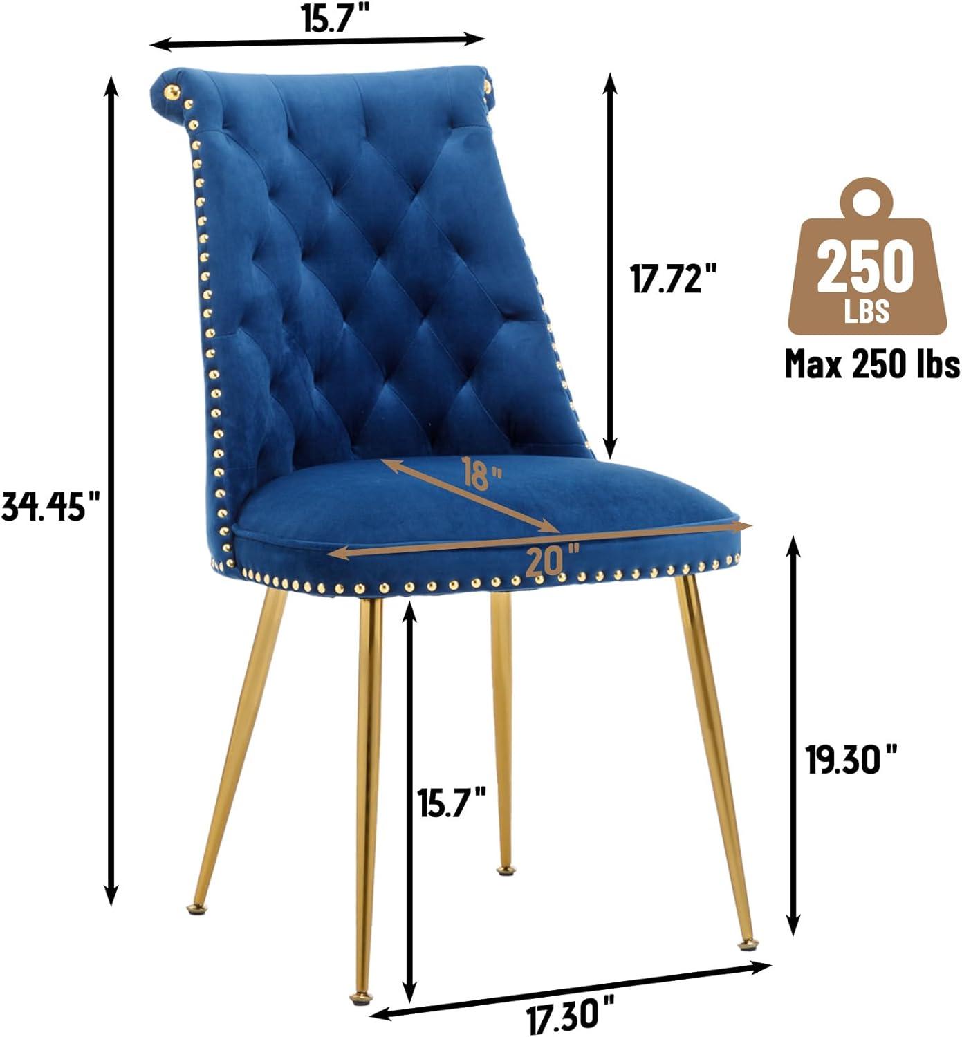 Velvet Upholstered Dining Chairs, Set of 2, Dining Room Tufted Chair, Modern Button Tufted Armless Chairs with Nailhead Trim and Back Ring Pull, Gold Legs, for Dining Room, Kitchen, Navy