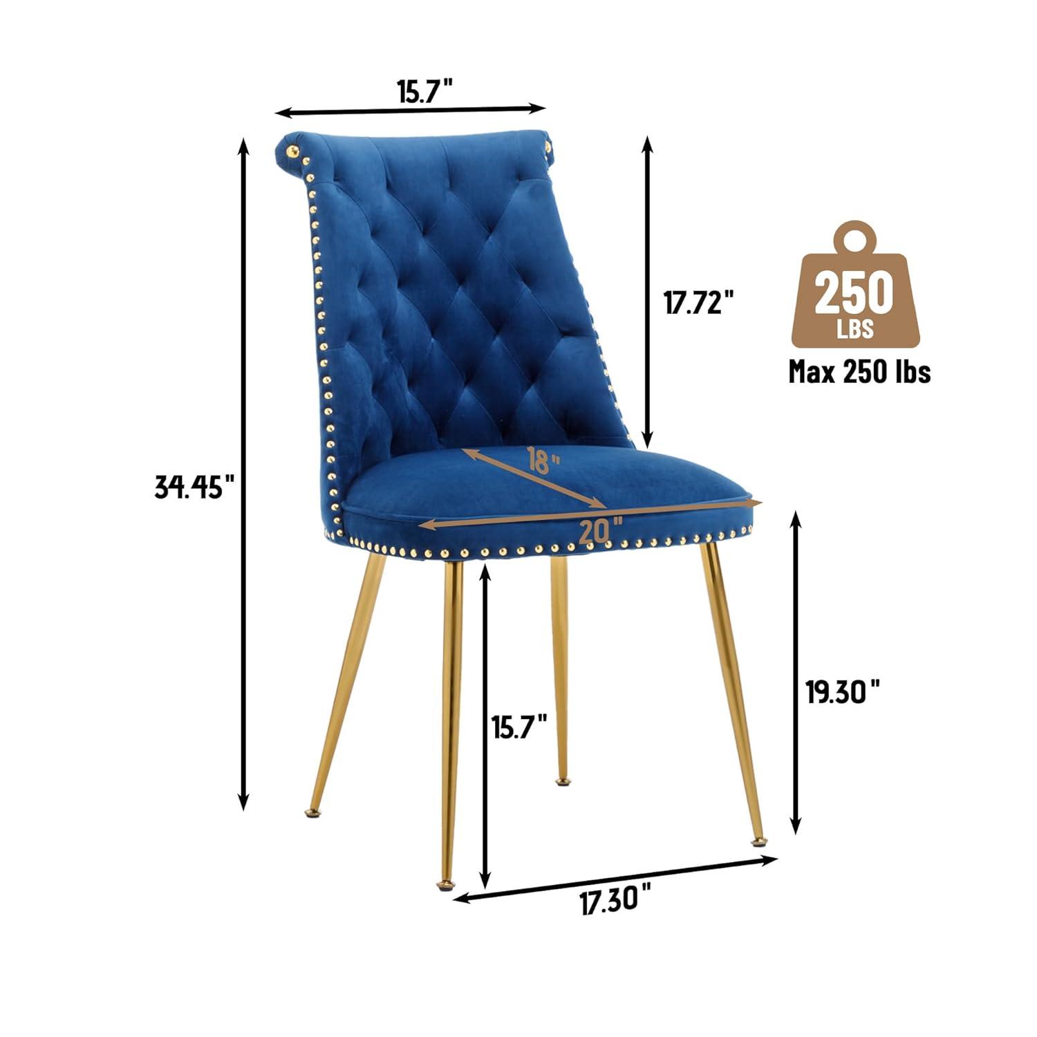 Velvet Upholstered Dining Chairs, Set of 2, Dining Room Tufted Chair, Modern Button Tufted Armless Chairs with Nailhead Trim and Back Ring Pull, Gold Legs, for Dining Room, Kitchen, Navy