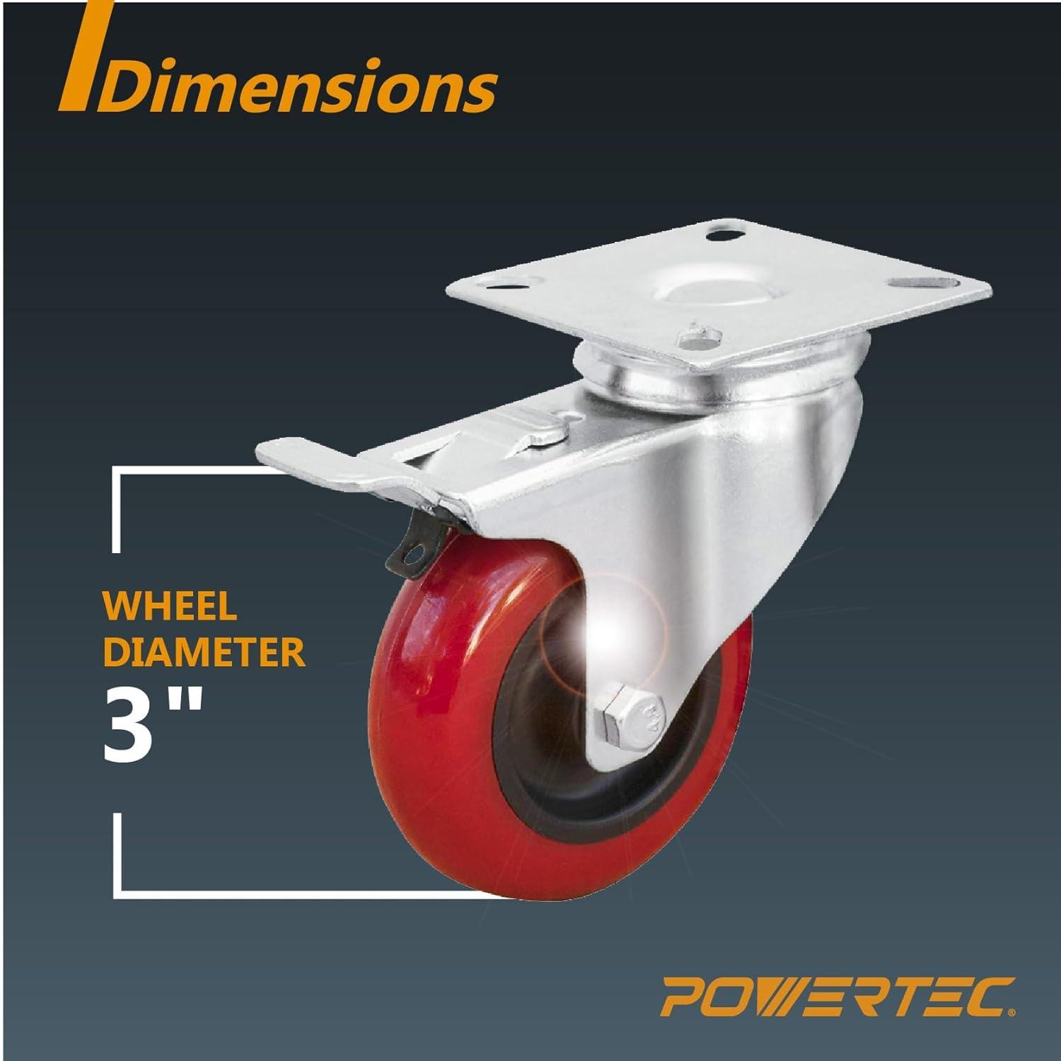 POWERTEC 4PK 3 Inch Swivel Caster Wheels with Brake & 640 lbs Loads, Heavy Duty Plate Casters, Dual Locking PU Castor Wheels for Furniture, Cart, Dolly and Workbenches (17205)