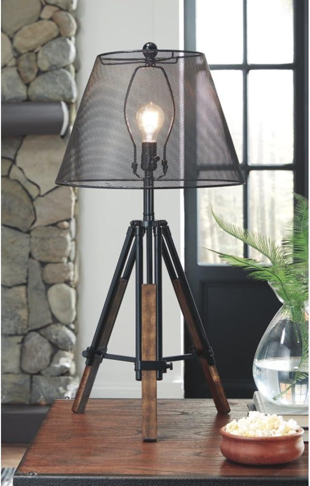 Signature Design by Ashley Leolyn Urban Adjustable Height Tripod Base with Wire Mesh Shade Single Table Lamp, Black & Brown