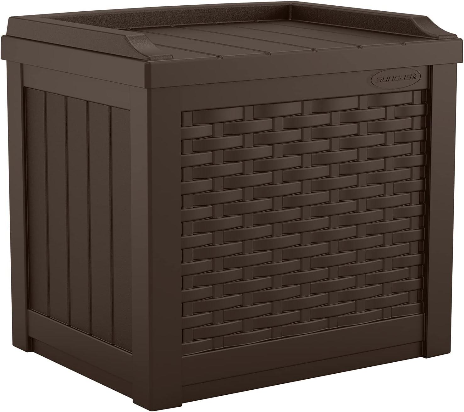Suncast Suncast Wicker 22 Gallon Water Resistant Resin Deck Box with Storage Seat in Java