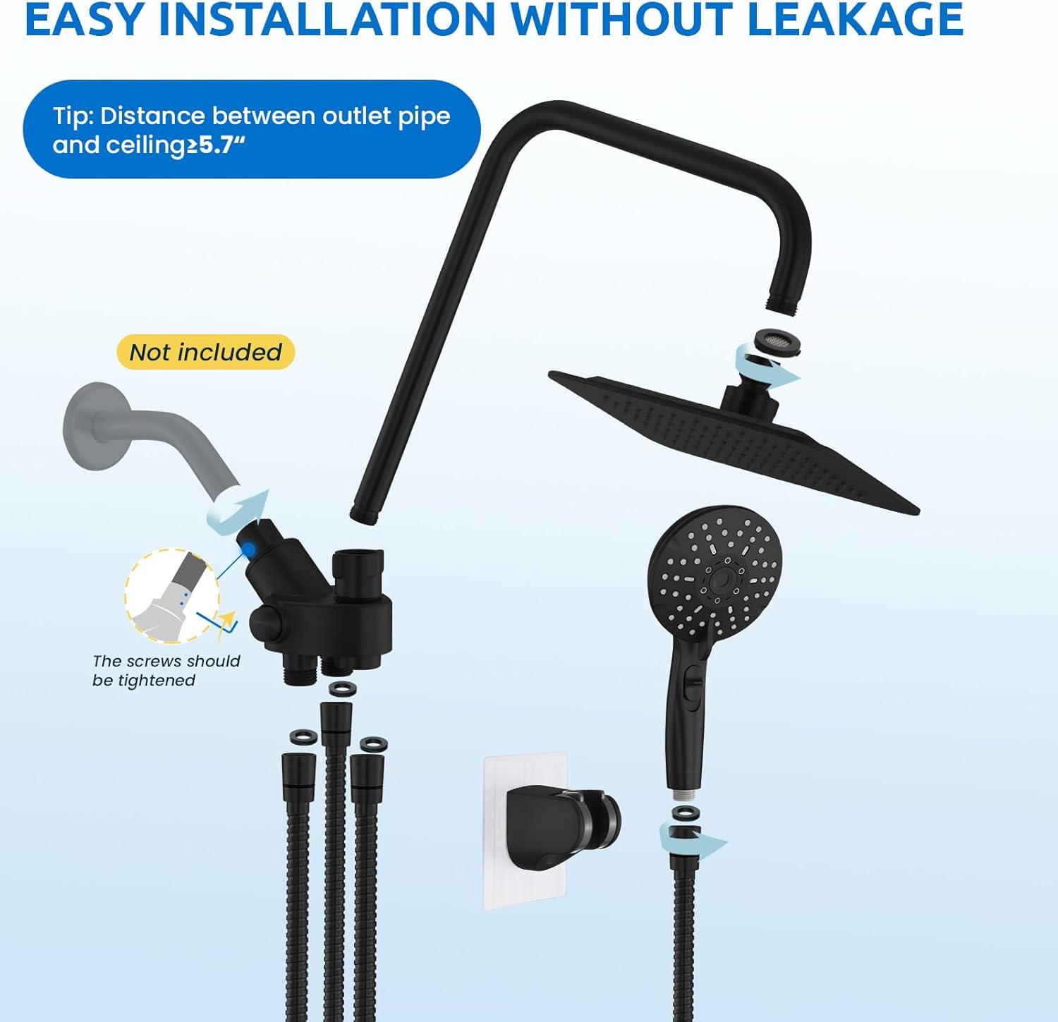 8" Dual Shower Head Combo, Rainfall Shower Head with Handheld, 6 Spray Settings Angle Adjustable Handheld Shower Head with Pause, Height Adjustable, Matte Black