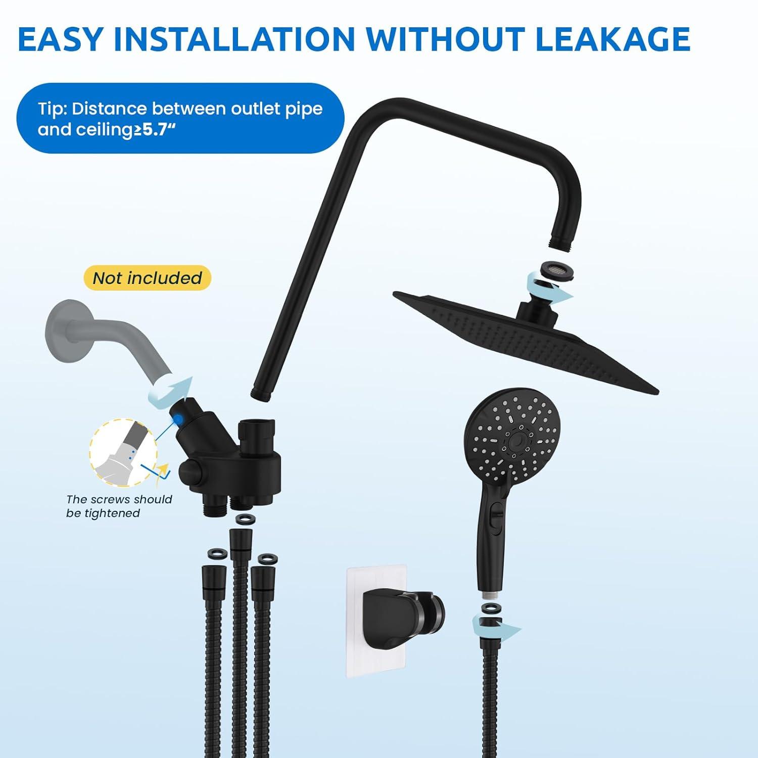 8" Dual Shower Head Combo, Rainfall Shower Head with Handheld, 6 Spray Settings Angle Adjustable Handheld Shower Head with Pause, Height Adjustable, Matte Black