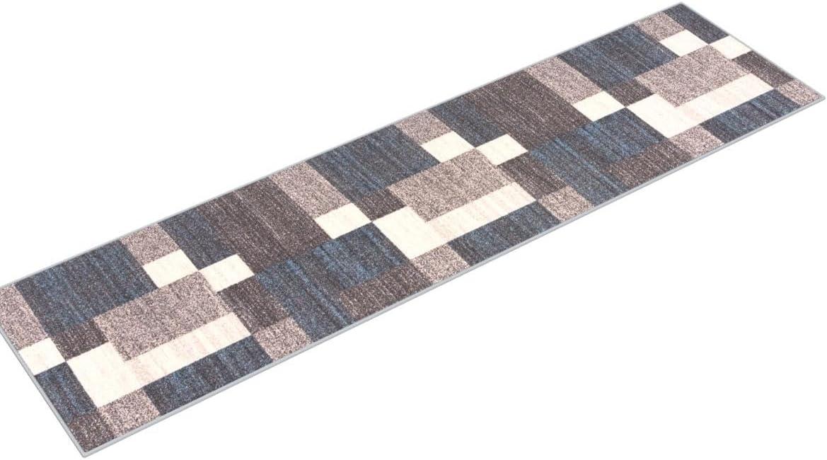 World Rug Gallery Modern Boxes Design Non-slip (Non-skid) Blue 22" x 84" Indoor Runner Rug:  Low Pile Area Rug