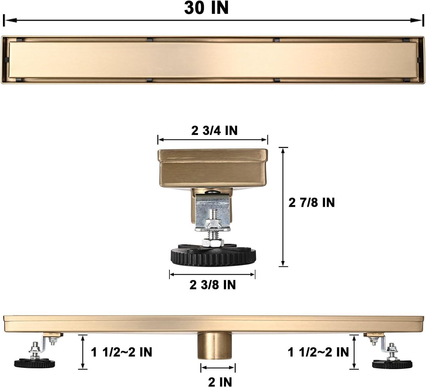 Linear Shower Floor Drain, Brushed Gold 30 Inch 304 Stainless Steel Bathroom Drains Kit, Rectangular Shower Trench Drain with Reversable Tile-in Pattern Drain Cover & Hair Catcher