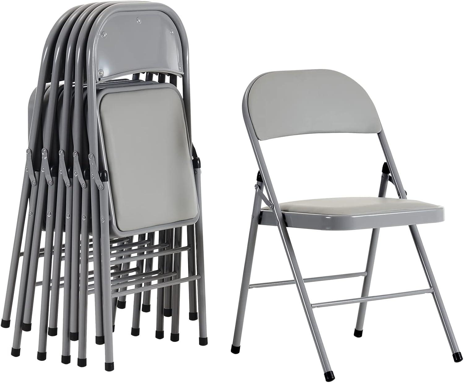 6 Pack Gray Folding Chairs with Padded Cushion and Back for Outside Portable Stackable Commercial Foldable Chairs with Steel Frame for Events Office Wedding Party, 330lbs Capacity