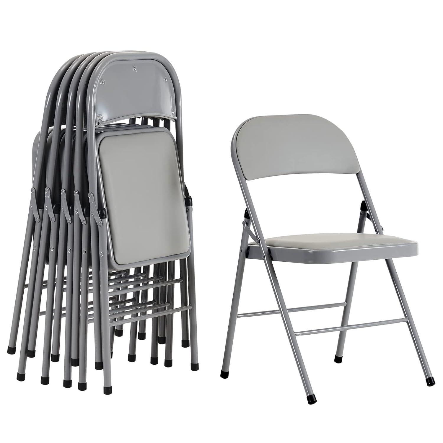 6 Pack Gray Folding Chairs with Padded Cushion and Back for Outside Portable Stackable Commercial Foldable Chairs with Steel Frame for Events Office Wedding Party, 330lbs Capacity