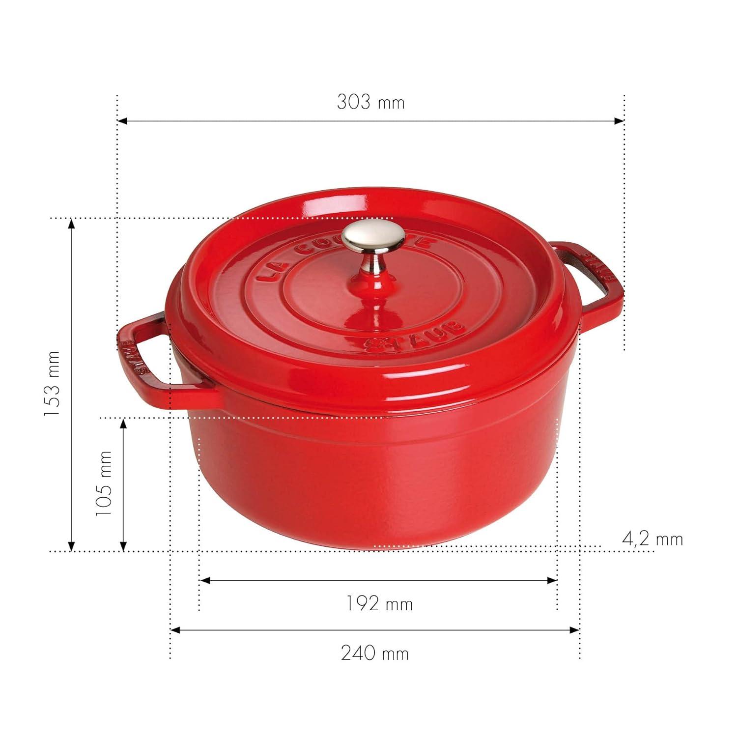 Staub Cast Iron Round Cocotte, Dutch Oven, 7-quart, serves 7-8, Made in France, Cherry