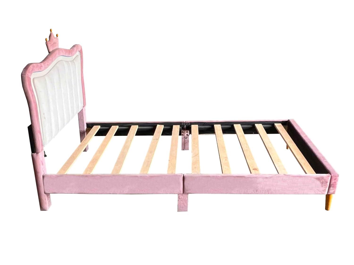 DreamBuck Full Size Upholstered Bed Frame with LED Lights, Upholstered Princess Bed with Crown Headboard and Wooden Slats Support, Modern Platform Bed for Kids, Teens, Girls, No Box Spring Needed