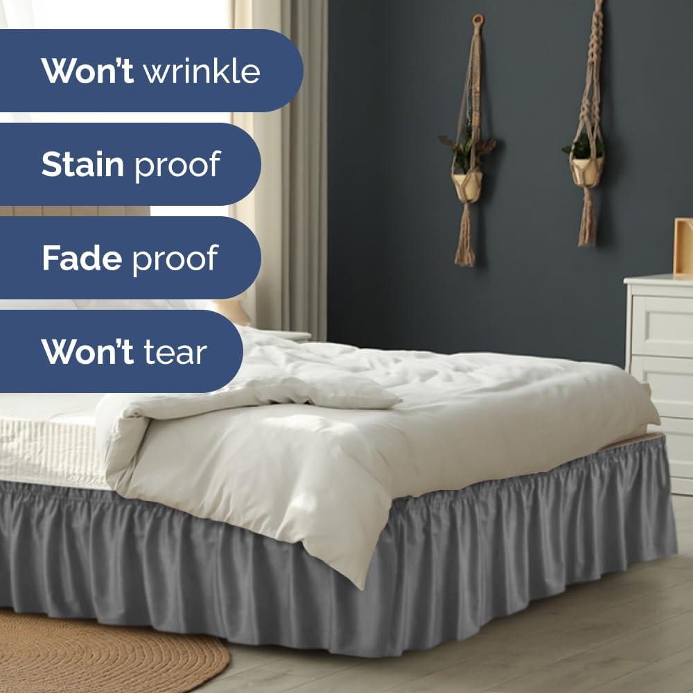 CGK Linens Elastic Wrap-Around Dust Ruffled Bed Skirt - Easy Fit with Pleated 15" Drop in Dark Grey, Size Twin