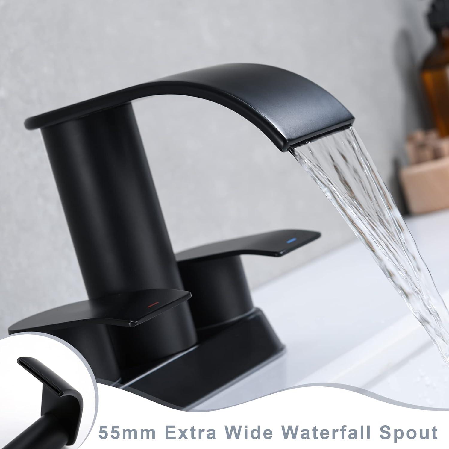 Waterfall Bathroom Sink Faucet Matte Black, Two Handles Bathroom Faucet with Metal Pop up Sink Drain Stopper, 2 or 3 Holes Bathroom Basin Lavatory Mixer Tap with Deck Mount Plate