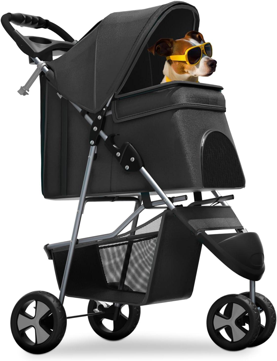 Magshion Foldable Pet Dog and Cat Stroller with Adjustable Canopy Storage Basket and Cup Holder for Small and Medium Pets