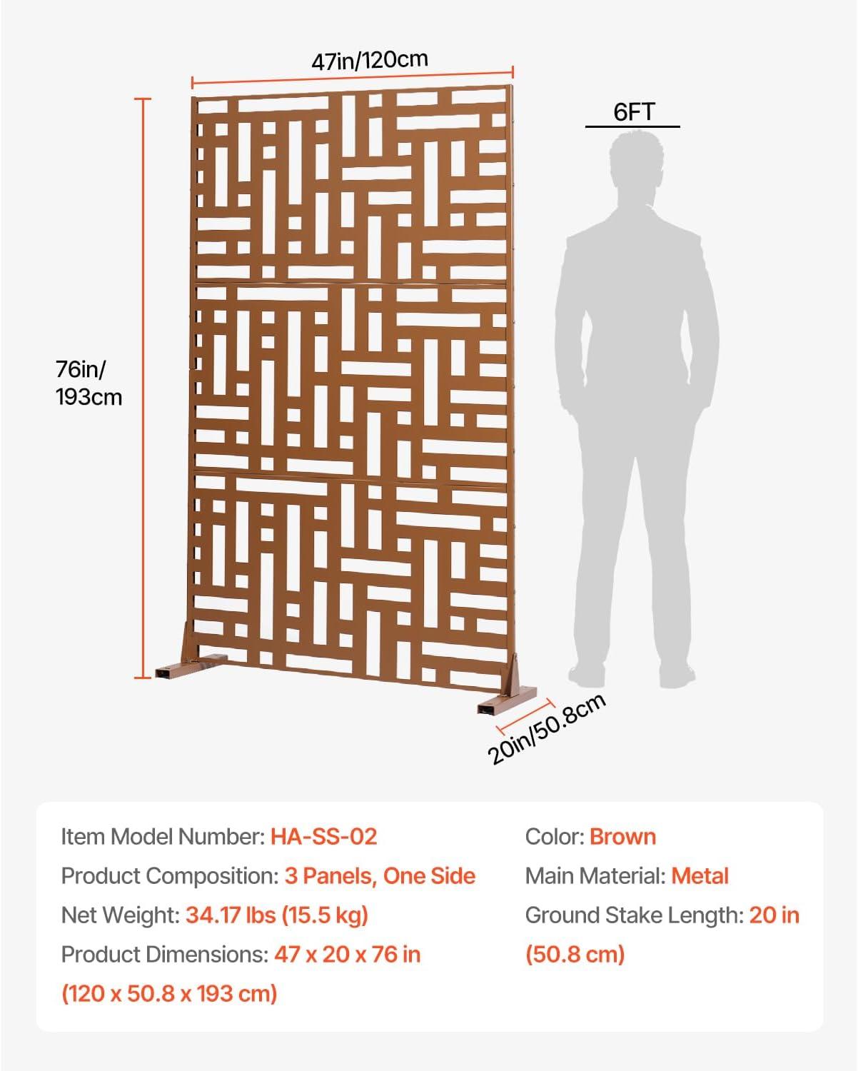 VEVOR Metal Privacy Screen, 47" W x 76" H, Outdoor Privacy Screens 3-Panel, Freestanding Outdoor Divider with Stand, Decorative Garden Steel Privacy Fence for Balcony Patio Indoor Room Hot Tub Brown