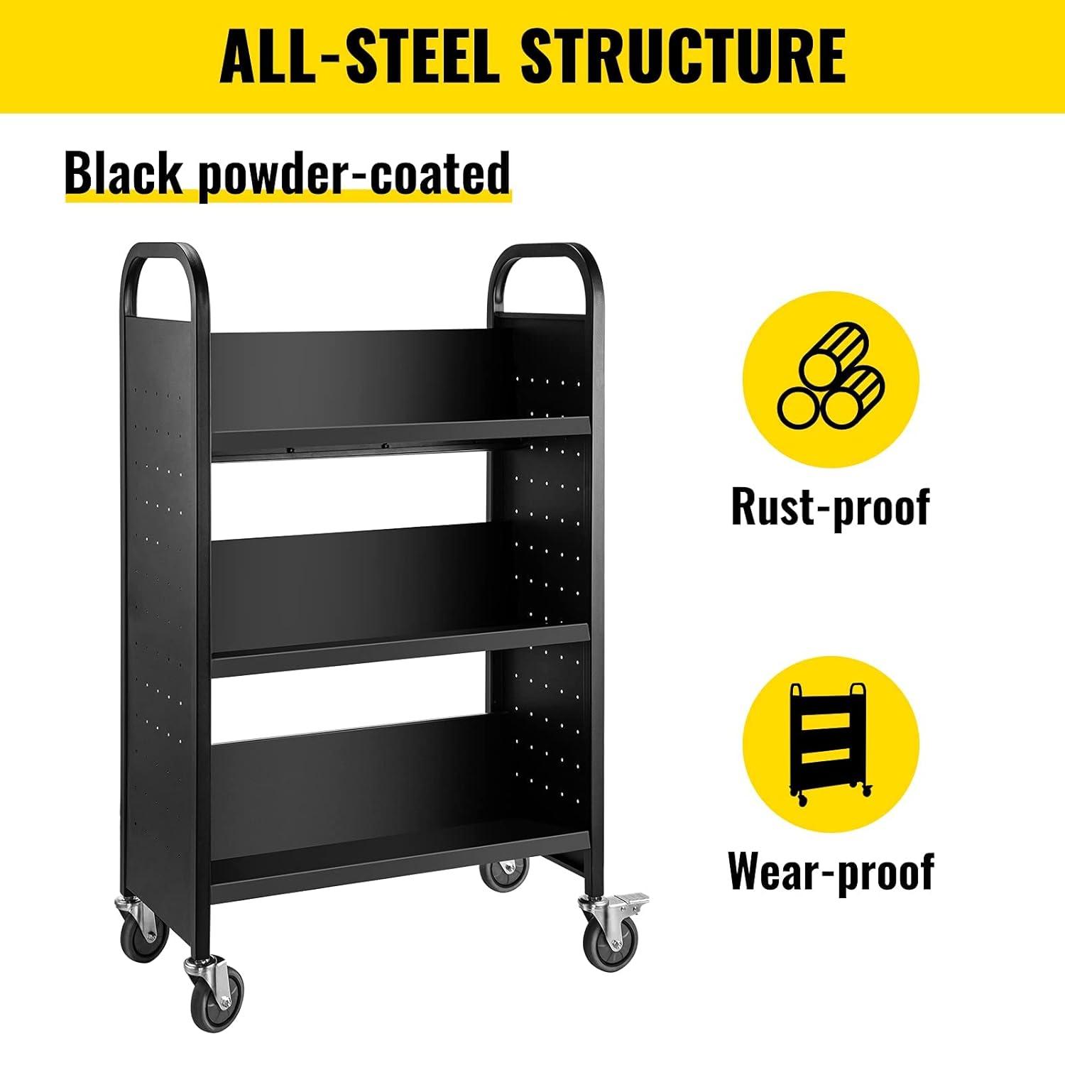 VEVOR Book Cart, 200lbs Library Cart, 30x14x49 Inch Rolling Book Cart Single Sided V-Shaped Sloped Shelves with 4 Inch Lockable Wheels, for Home Shelves Office and School Book Truck in Black