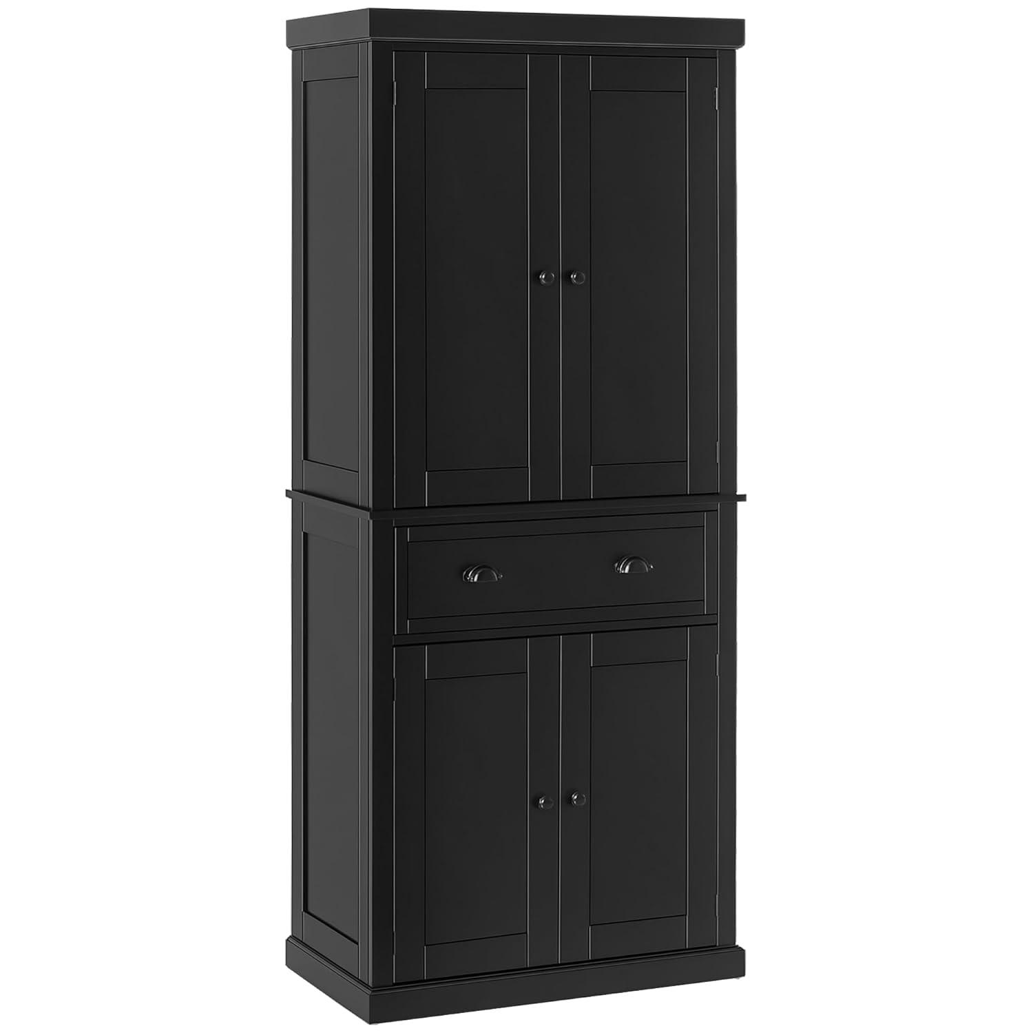 HOMCOM 72.5" Kitchen Pantry Cabinet, Traditional Freestanding Storage Cabinet with 4 Doors, Drawer and 3 Adjustable Shelves for Dining Room, Black