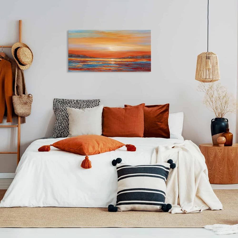 ONETECH Colorful Ocean Sunset Abstract Beach Wall Art for Living Room Orange Red Warm Sunrise Artwork Bathroom Wall Decor Large Beach Posters Picture over the Bed - 20x16 Inch