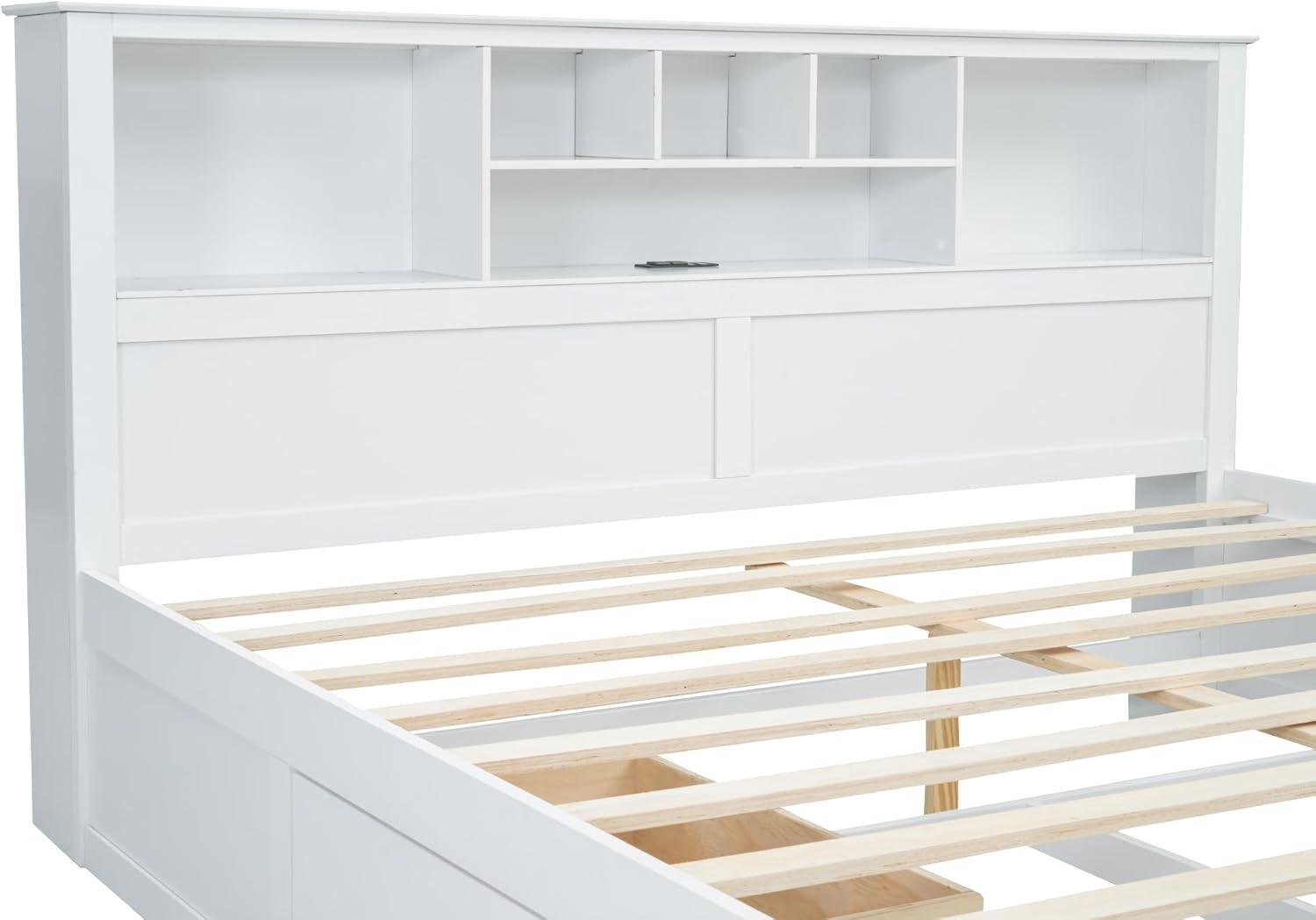 Harper & Bright Designs King Size Platform Bed with Bookcase Headboard and Storage Drawers, Wood King Storage Bed Frame with USB for Boys Girls Adults, White