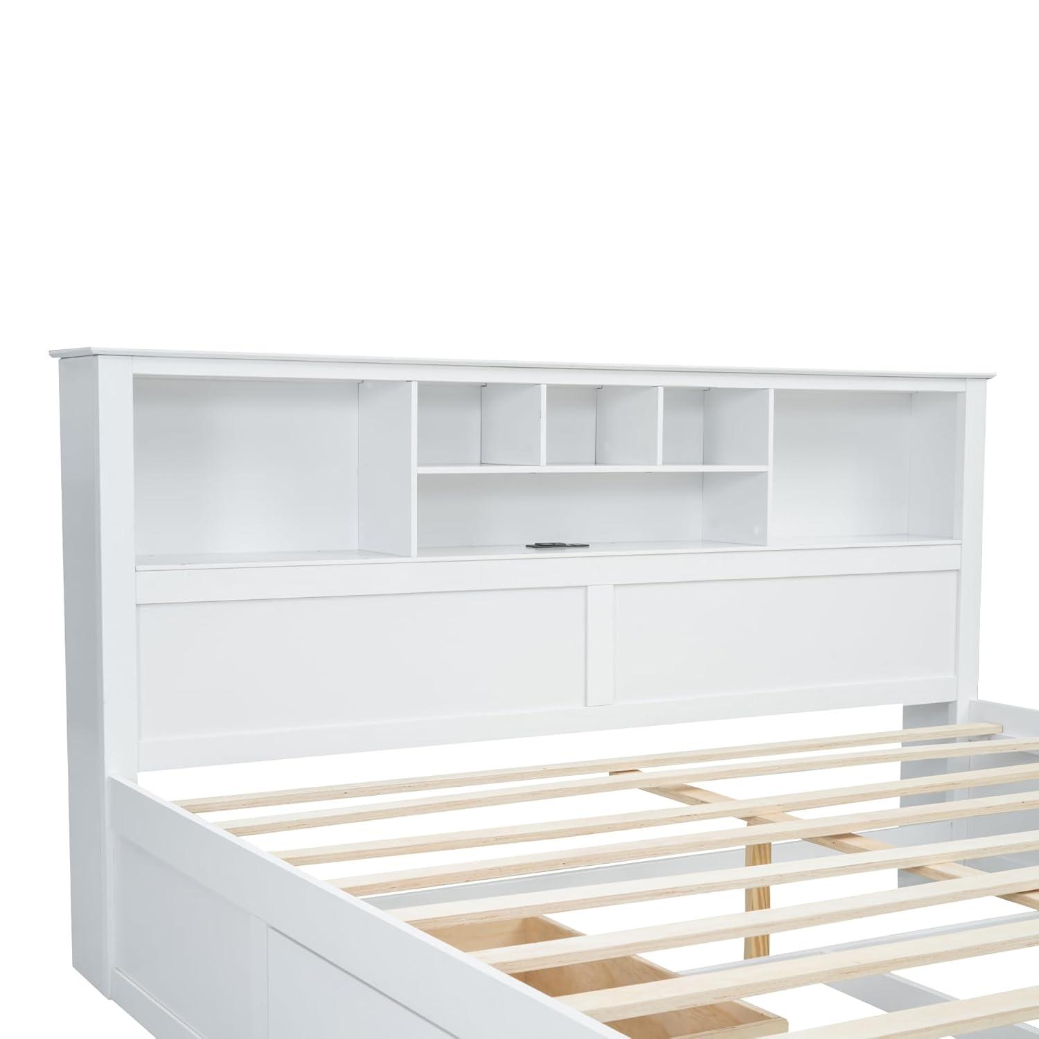 Harper & Bright Designs King Size Platform Bed with Bookcase Headboard and Storage Drawers, Wood King Storage Bed Frame with USB for Boys Girls Adults, White
