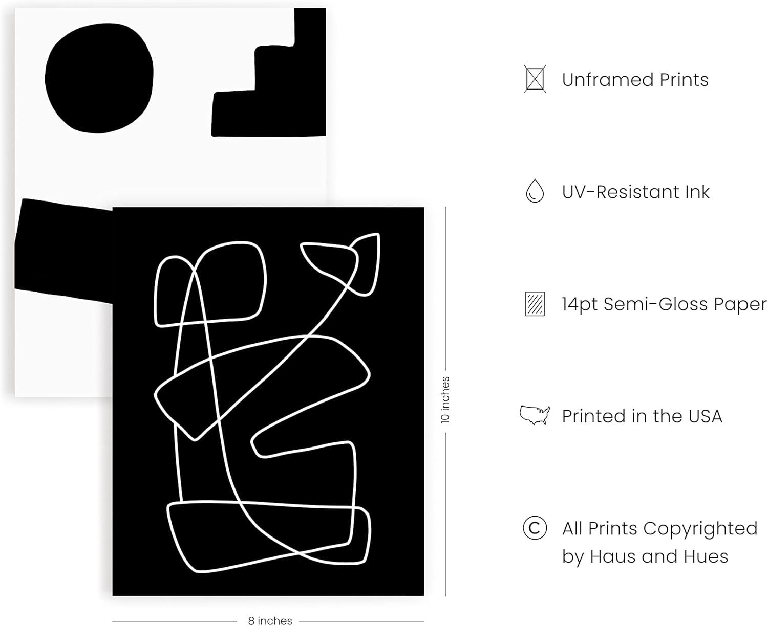 HAUS AND HUES Black and White Abstract Wall Art - Set of 4 Geometric Wall Prints, Modern Abstract Wall Art, Wall Decor Geometric Pictures for Wall, Black Art Work for Home Walls (8x10, Unframed)