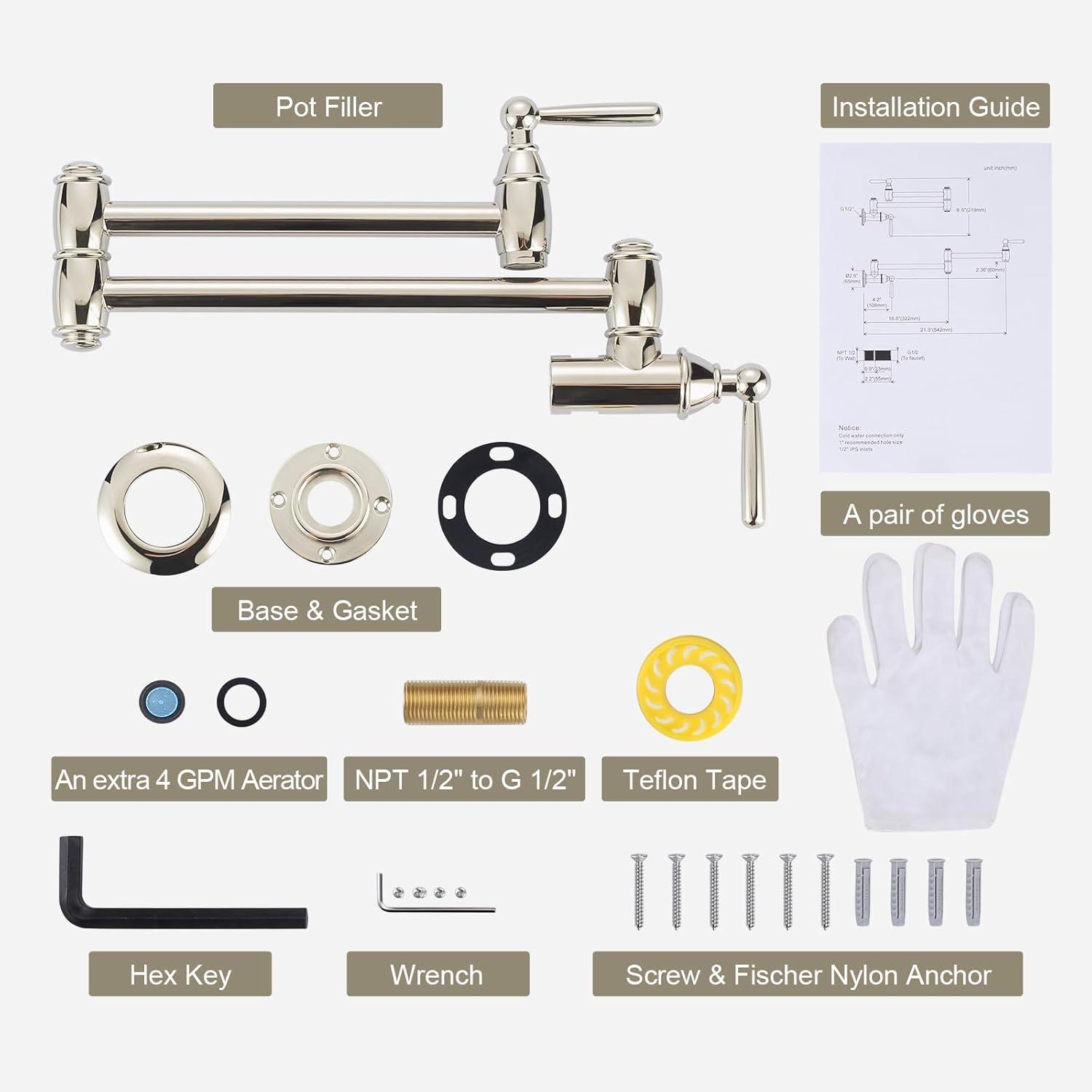 Pot Filler Faucet Polished Nickel: ARCORA Modern Pot Filler Wall Mount Kitchen Folding Faucet 2 Handle with Double Joint Swing Arms Brass Stove Faucet