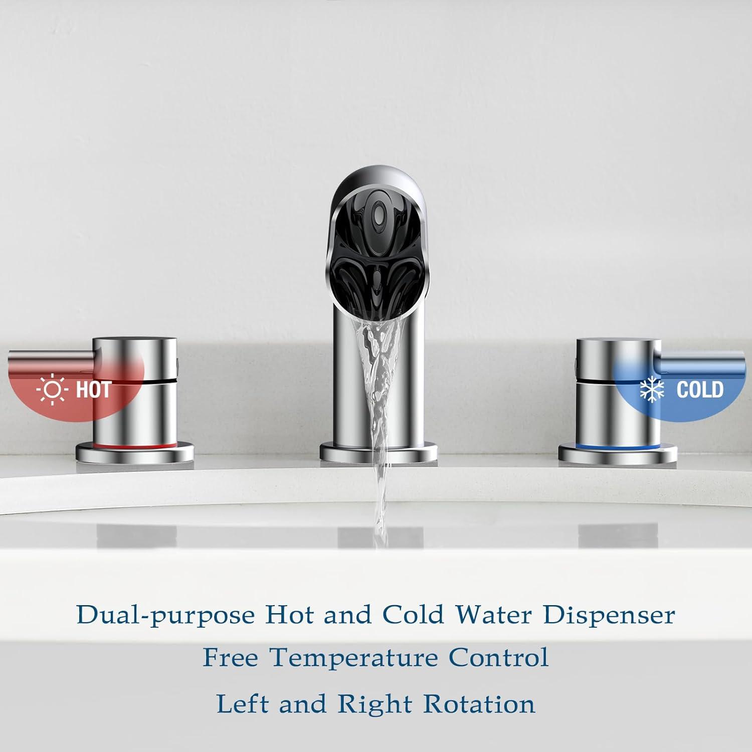 Qomolangma Waterfall Bathroom Faucets 3 Holes 2 Handles - Brushed Gold Bathroom Sink Faucets Widespread with Pop Up Drain, Lavatory Mixer Tap for Bathroom Sink RV Vessel Basin